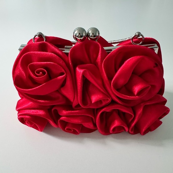 Handbags - Gorgeous Satin Red Rose Evening Bag with Silver Hardware